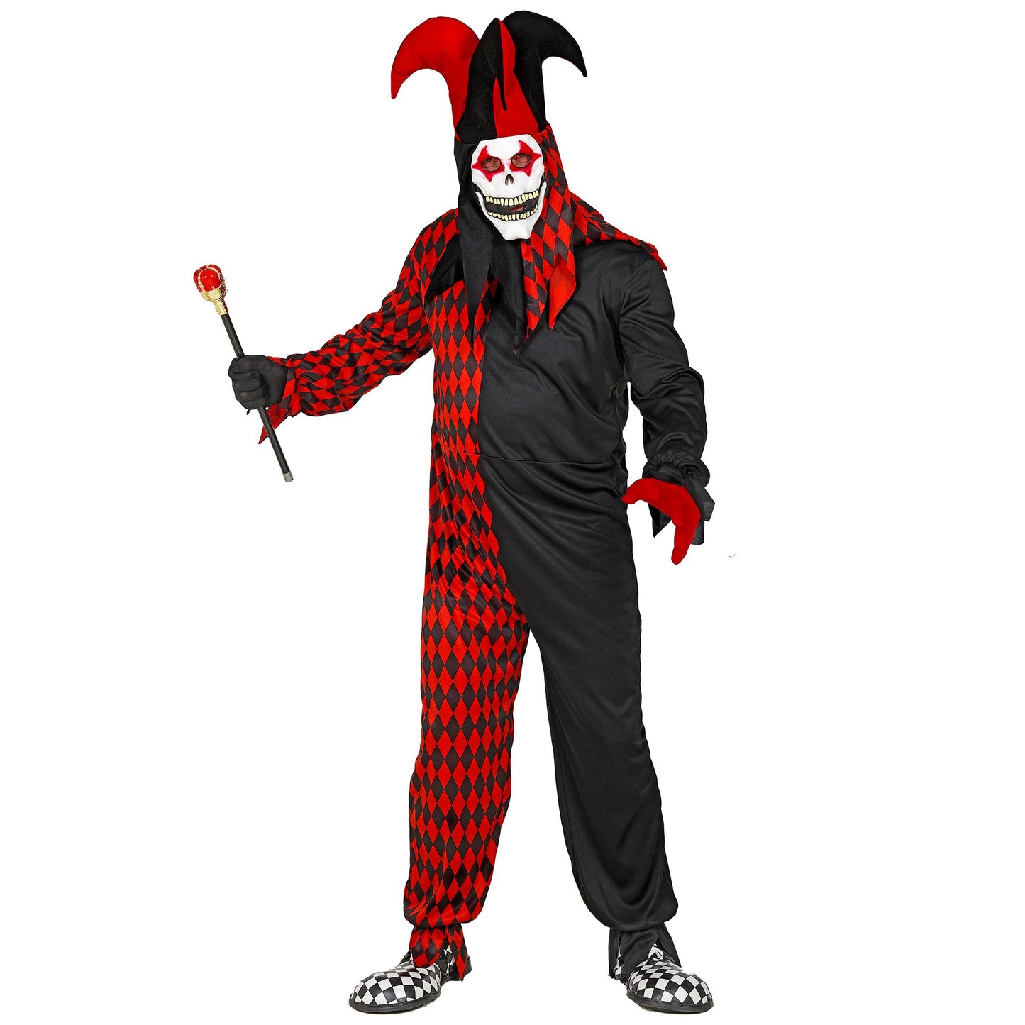 "BÖSER HARLEKIN" (Overall, Maske mit Kapuze und Hut) – Detailansicht