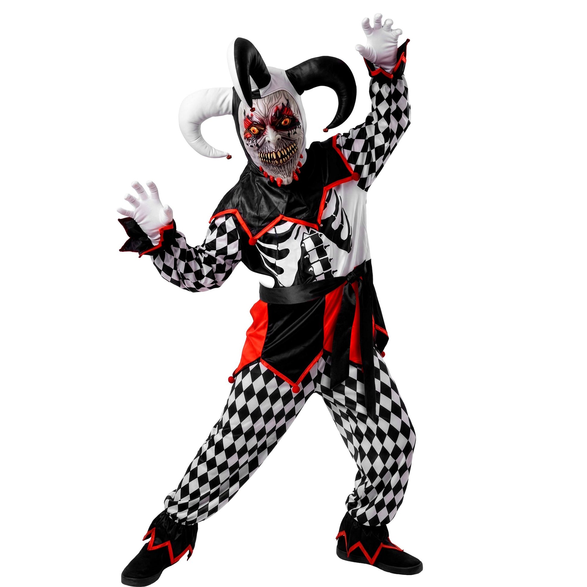 "BÖSER JESTER" (Oberteil, Hose, Gürtel, Maske, Hut) – Vorderansicht