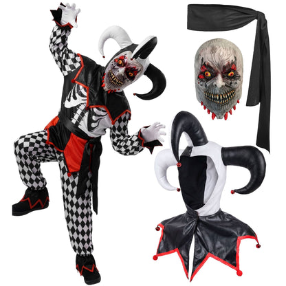 "BÖSER JESTER" (Oberteil, Hose, Gürtel, Maske, Hut) – Detailansicht
