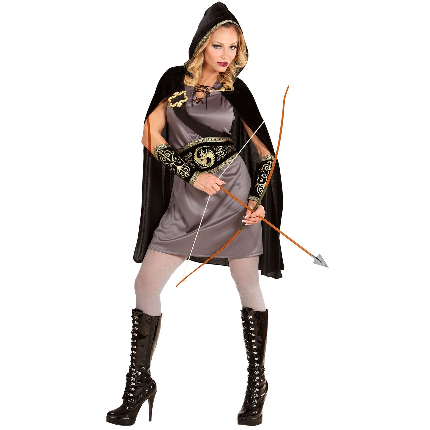 "BOGENSCHÜTZIN" (Kleid, Gürtel, Schulterriemen mit Schnalle, Armstulpen, Umhang mit Kapuze) – Ansicht 3