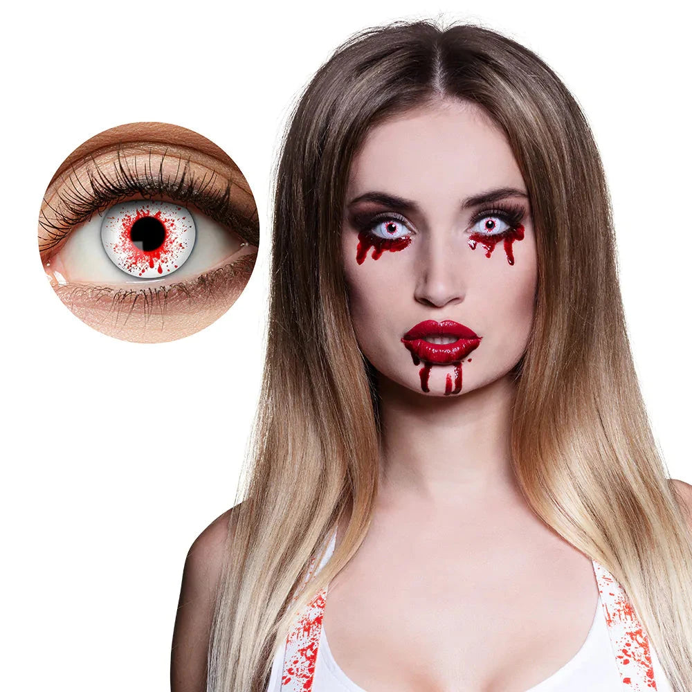 Rote und weiße Kontaktlinsen mit blutiger Optik für Halloween und Fasching, wöchentlich nutzbar.