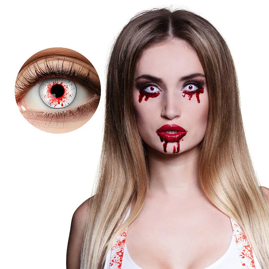 Rote und weiße Kontaktlinsen mit blutiger Optik für Halloween und Fasching, wöchentlich nutzbar.