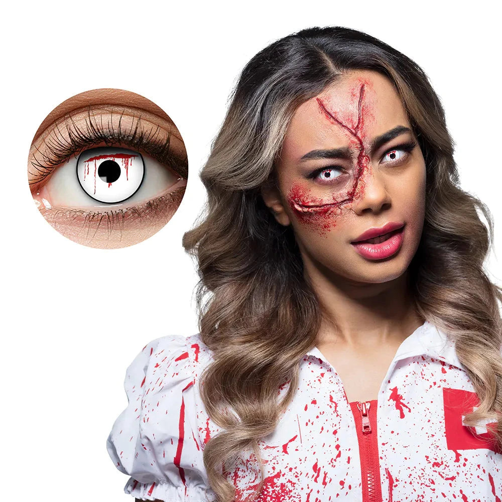 Rote Kontaktlinsen mit blutigen Effekten, ideal für Halloween oder Cosplay-Events.