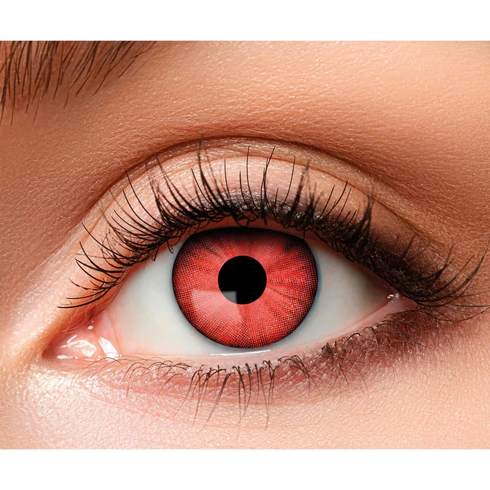 Rote und weiße Crazy Clown Kontaktlinsen in einer Verpackung für Kostümpartys.