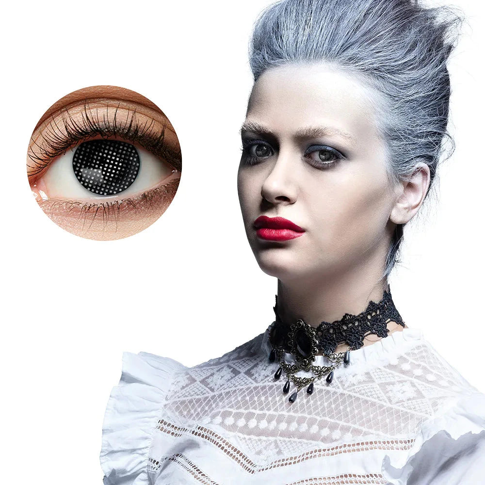 Schwarze Gitter-Kontaktlinsen von Boland mit dramatischem Muster, 1 Woche Tragezeit, 2 Stück.