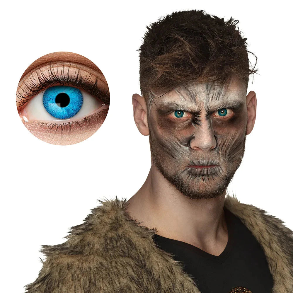 Blaue Kontaktlinsen "Eiskönig" in einem Blister, geeignet für Karneval und Cosplay.