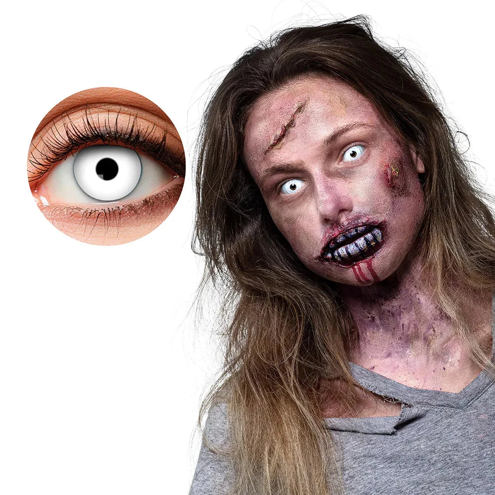 Weiße Kontaktlinsen mit gruseligem Design für einwöchigen Gebrauch, 14,5 mm Durchmesser.