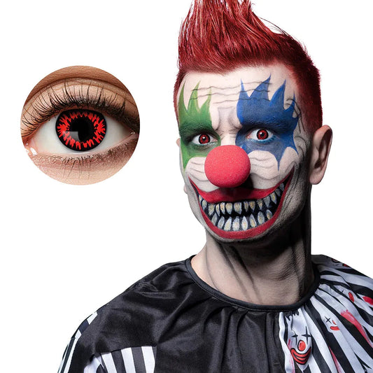 Gruselige Boland Killer Clown Kontaktlinsen in kräftigem Rot und Schwarz für Halloween.