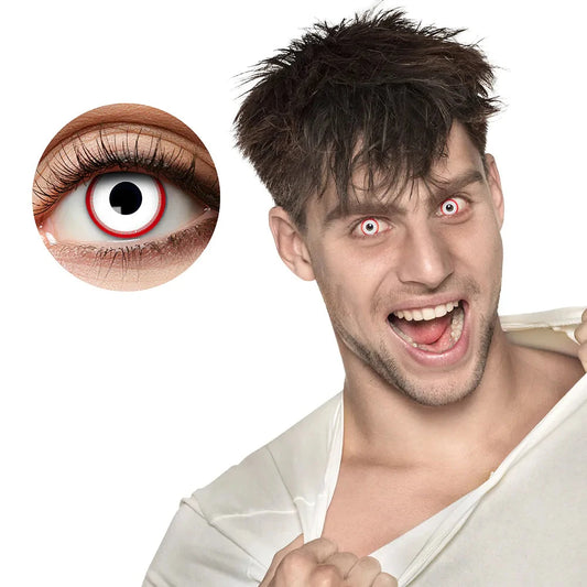 Rote und weiße Psycho Kontaktlinsen in 14,5 mm für dramatische Augenblicke.