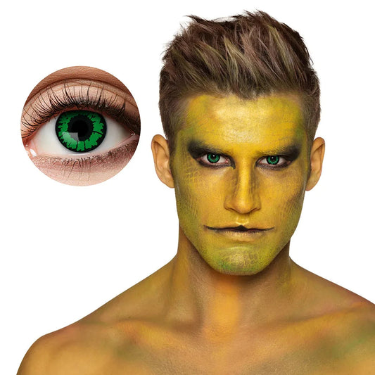 Grüne und schwarze reptilartige Kontaktlinsen in einer Packung mit zwei Stück.