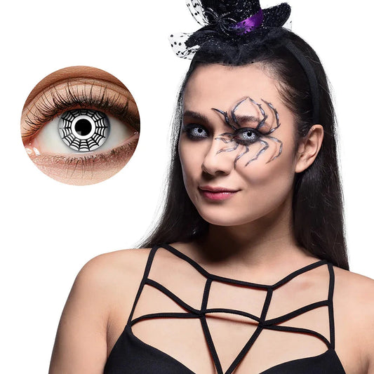 Schwarze Kontaktlinsen mit Spinnenmotiv, hohe Deckkraft und 14,5 mm Durchmesser.