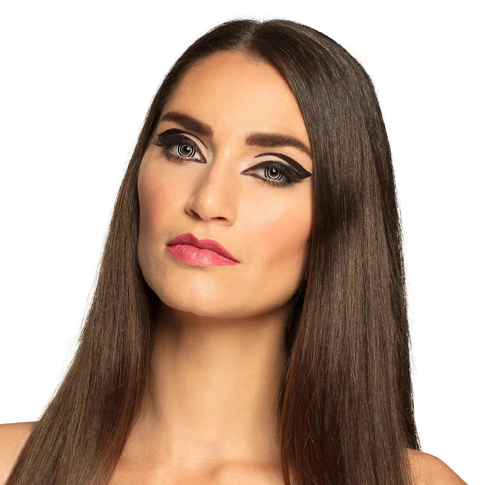 Schwarz-weiße Kontaktlinsen mit spiralförmigem Muster, 2 Stück für eine Woche Tragezeit.