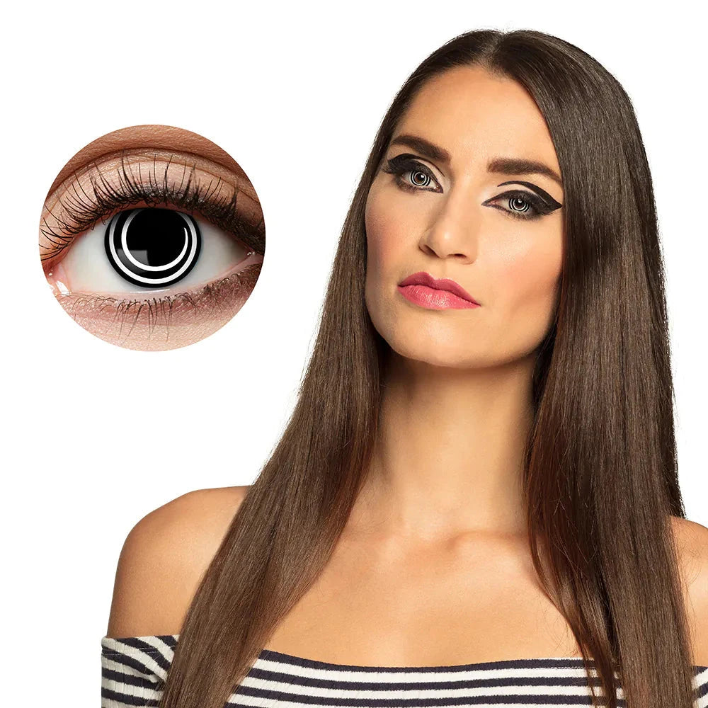 Schwarze und weiße Spiral-Kontaktlinsen in einer Verpackung mit zwei Stück.