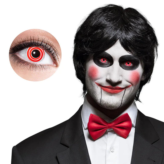 Zwei Spiral SAW Kontaktlinsen in leuchtenden Farben für Kostüme und Partys.