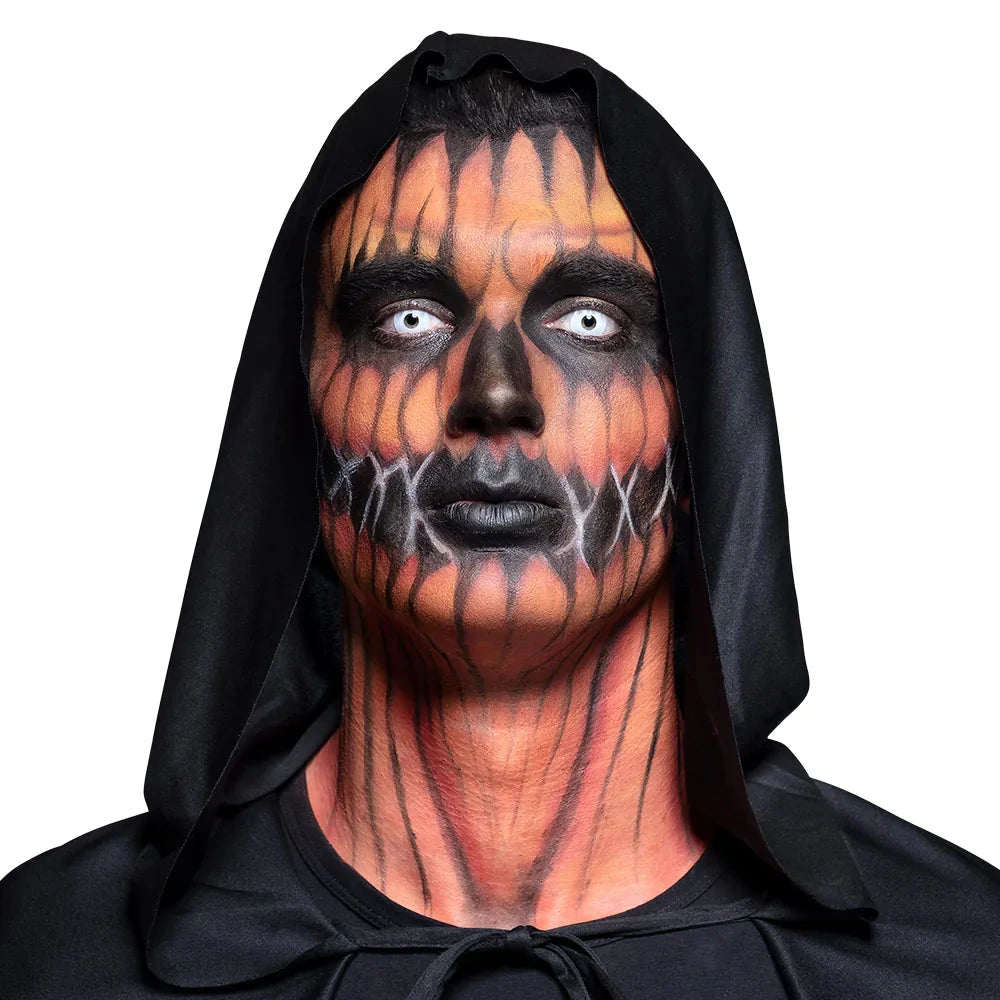 Orangefarbene, undurchsichtige Kontaktlinsen für Kostüme mit intensivem Halloween-Effekt.