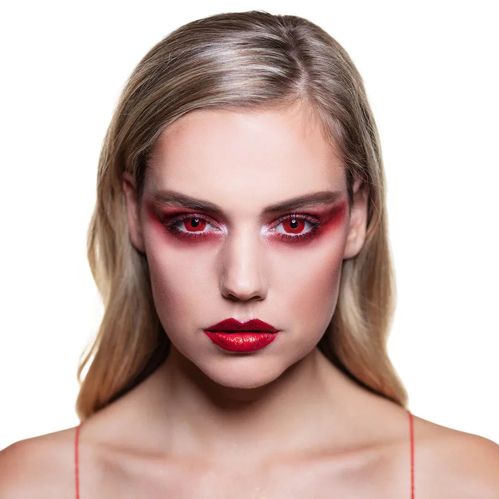Rote Teufel Kontaktlinsen in einem 2er-Pack für Halloween und Cosplay, mit intensiver Farbdeckung.