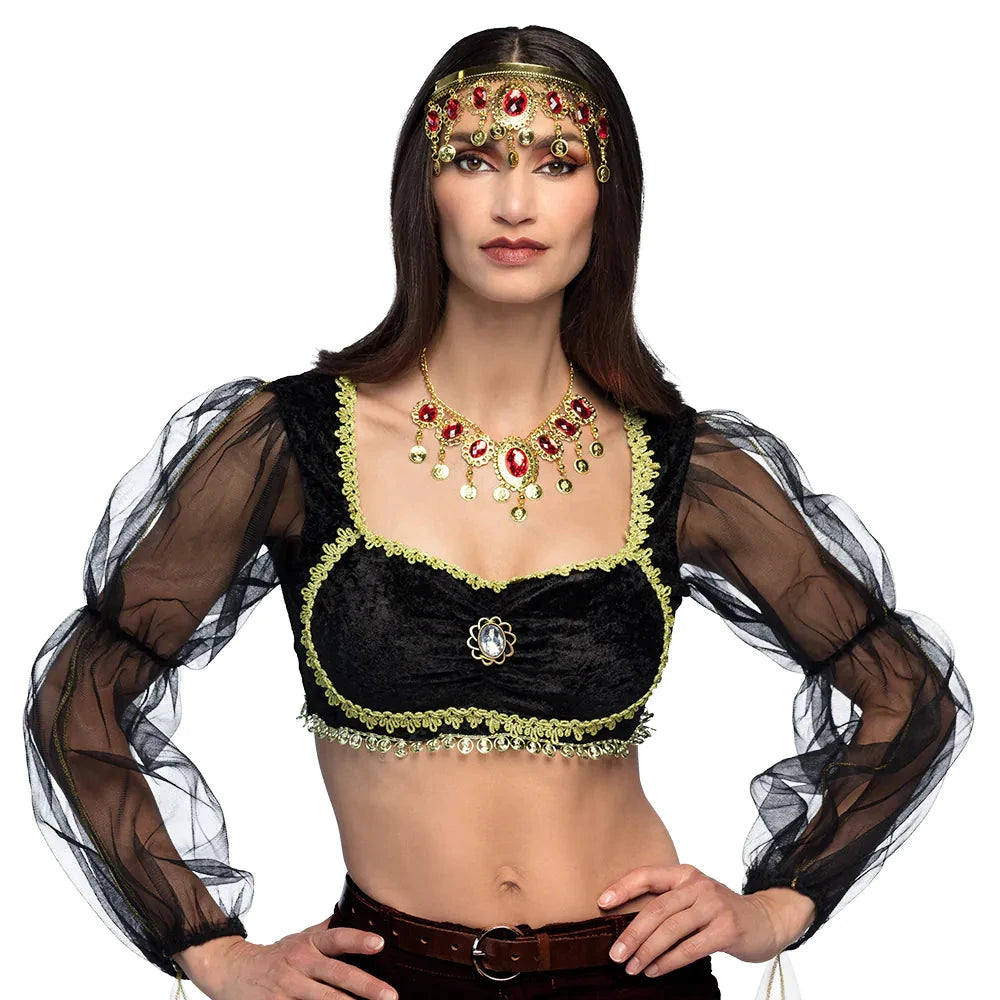 Schwarzes und goldenes Arabische Prinzessin Kostüm mit cropped Top und Haremshose.