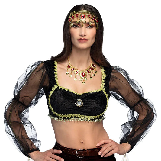 Schwarzes und goldenes Arabische Prinzessin Kostüm mit cropped Top und Haremshose.