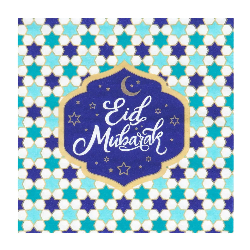 Goldene Eid Mubarak Schrift auf weißen Papierservietten im 20er Pack, 33x33 cm groß
