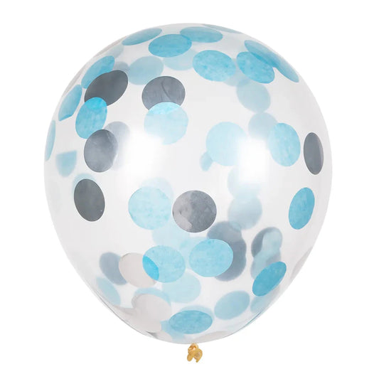 Fünf blaue und silberne Latexballons mit Konfetti, 30 cm, für festliche Dekorationen.