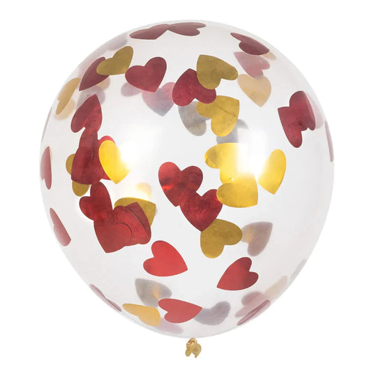 Fünf Latexballons in Gold und Rot mit Herzkonfetti, 30 cm groß, für festliche Anlässe.