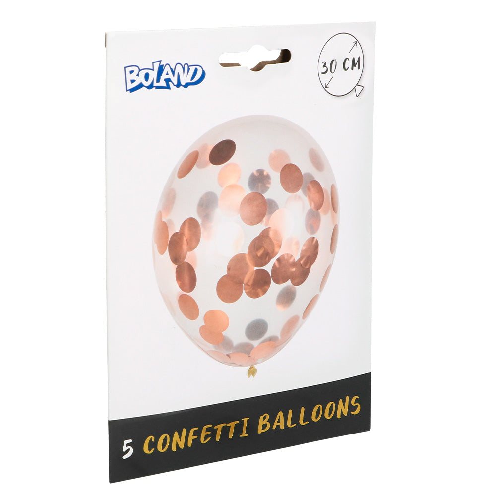 Fünf roségoldene Latexballons mit schimmerndem Konfetti, 30 cm Durchmesser, im Set.