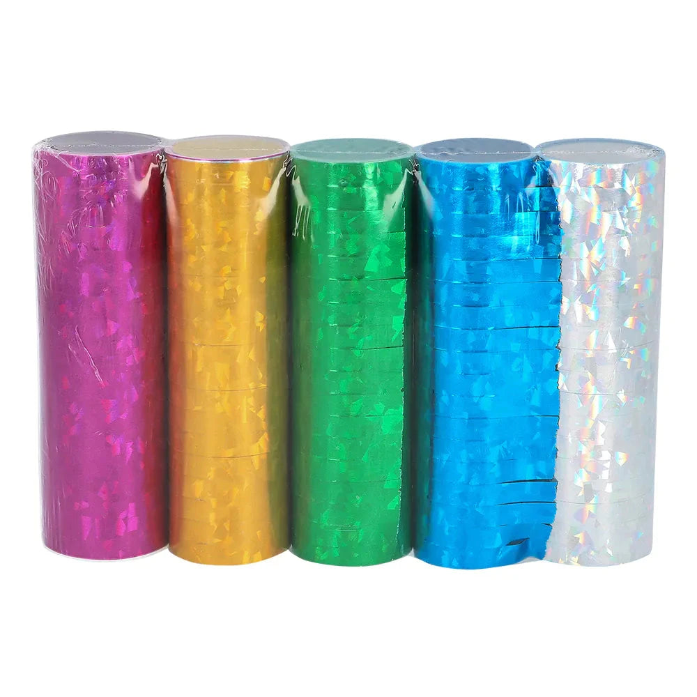 Fünf holographische Papierluftschlangen in bunten Farben, je 4 Meter lang, Partydeko.