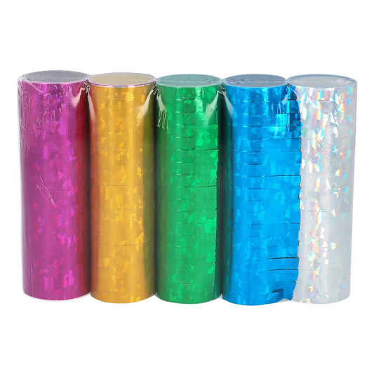 Fünf holographische Papierluftschlangen in bunten Farben, je 4 Meter lang, Partydeko.
