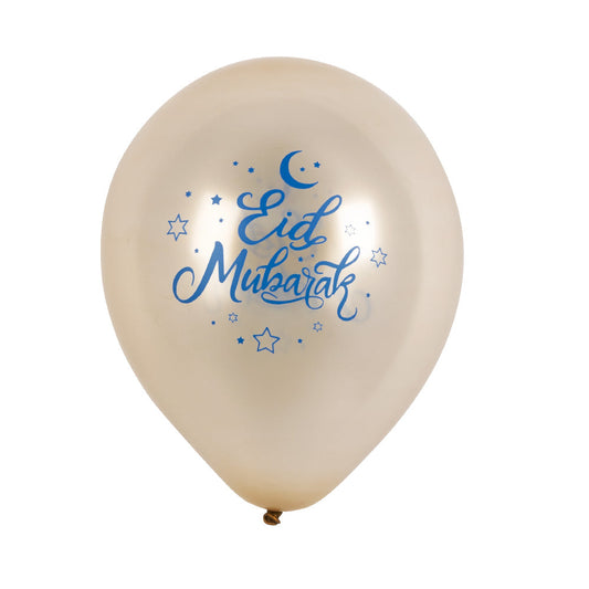 Sechs doppelseitige Eid Mubarak Latexballons in 25 cm, bunt und festlich dekoriert.