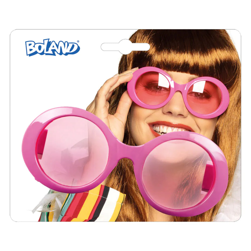 Neon-pinke 70er Jahre Sonnenbrille mit retro Rahmen und UV400 Schutz.