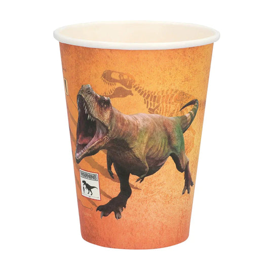 Acht bunte Papierbecher mit T-Rex Dinosaurier-Motiv für Kinderpartys, 25 cl Fassungsvermögen.