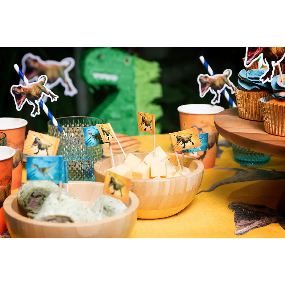 Acht Papierbecher mit T-Rex-Motiv in bunten Farben für Kinderpartys, 25 cl.