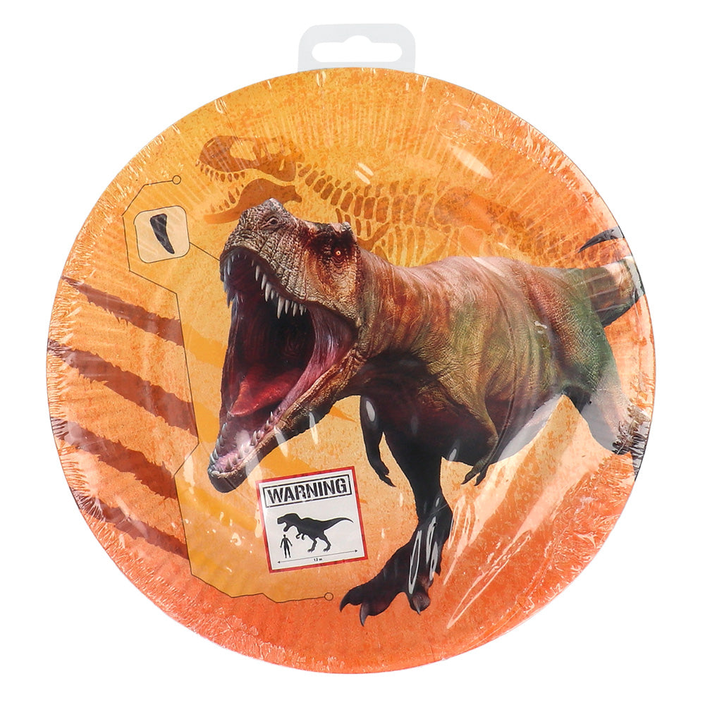 Acht Pappteller mit buntem T-Rex Dinosaurier-Motiv, 23 cm Durchmesser, für Kinderpartys.