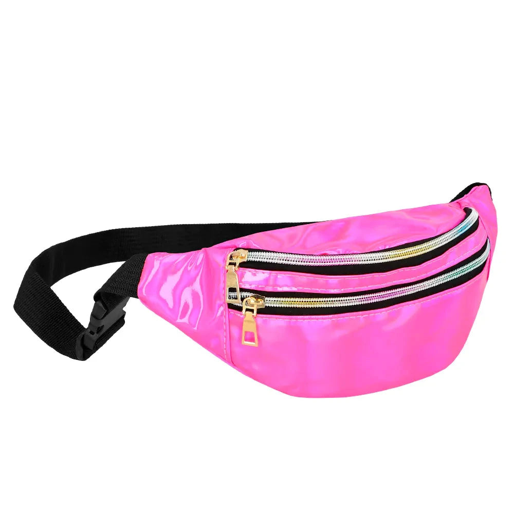 Neonpink schimmernde holografische Bauchtasche mit verstellbarem Gurt und Reißverschlussfach
