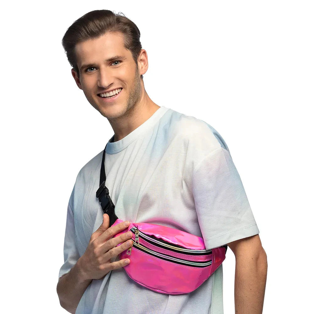 Neonpink glänzende Bauchtasche mit holografischem Effekt und verstellbarem Gurt in Retro-Stil