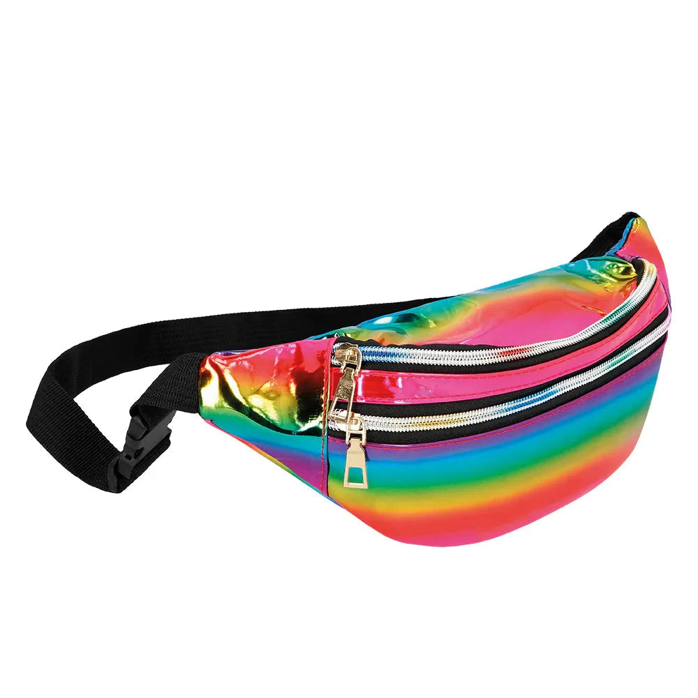 Holografische Regenbogen-Bauchtasche mit verstellbarem Riemen und zwei Reißverschlussfächern.