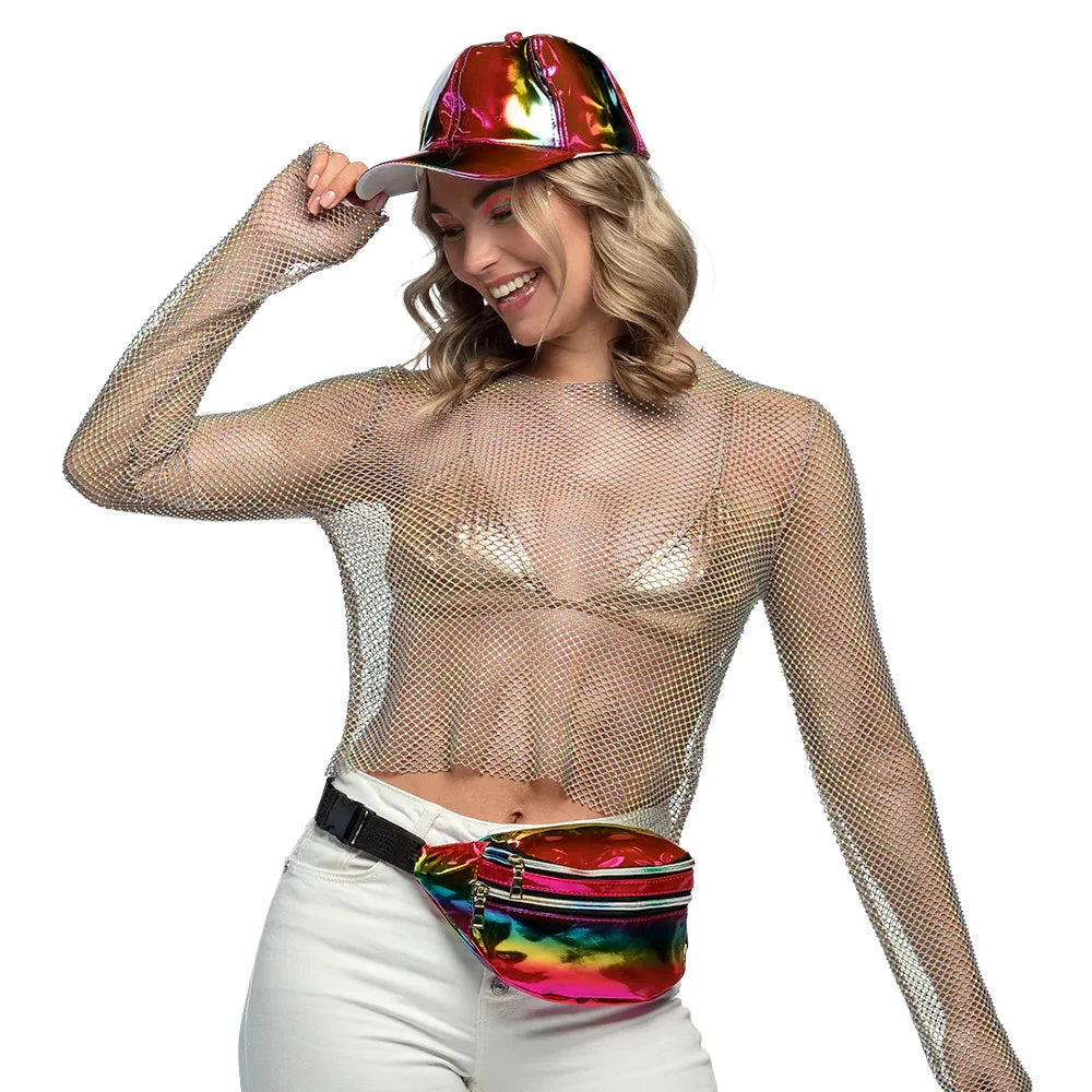 Bunte holografische Bauchtasche mit Regenbogenreflexen und verstellbarem Gurt im 80er-Stil.