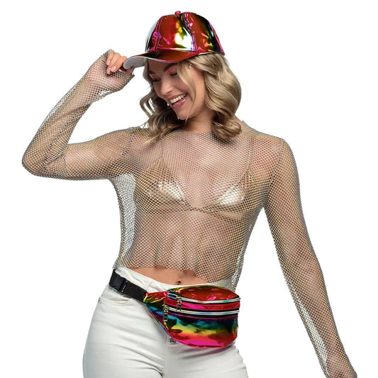 Bunte holografische Bauchtasche mit Regenbogenreflexen und verstellbarem Gurt im 80er-Stil.