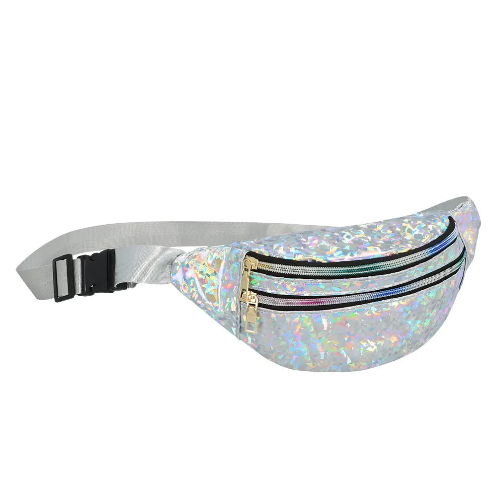 Silberne holografische Bauchtasche mit verstellbarem Gürtel und sicherem Hauptfach.