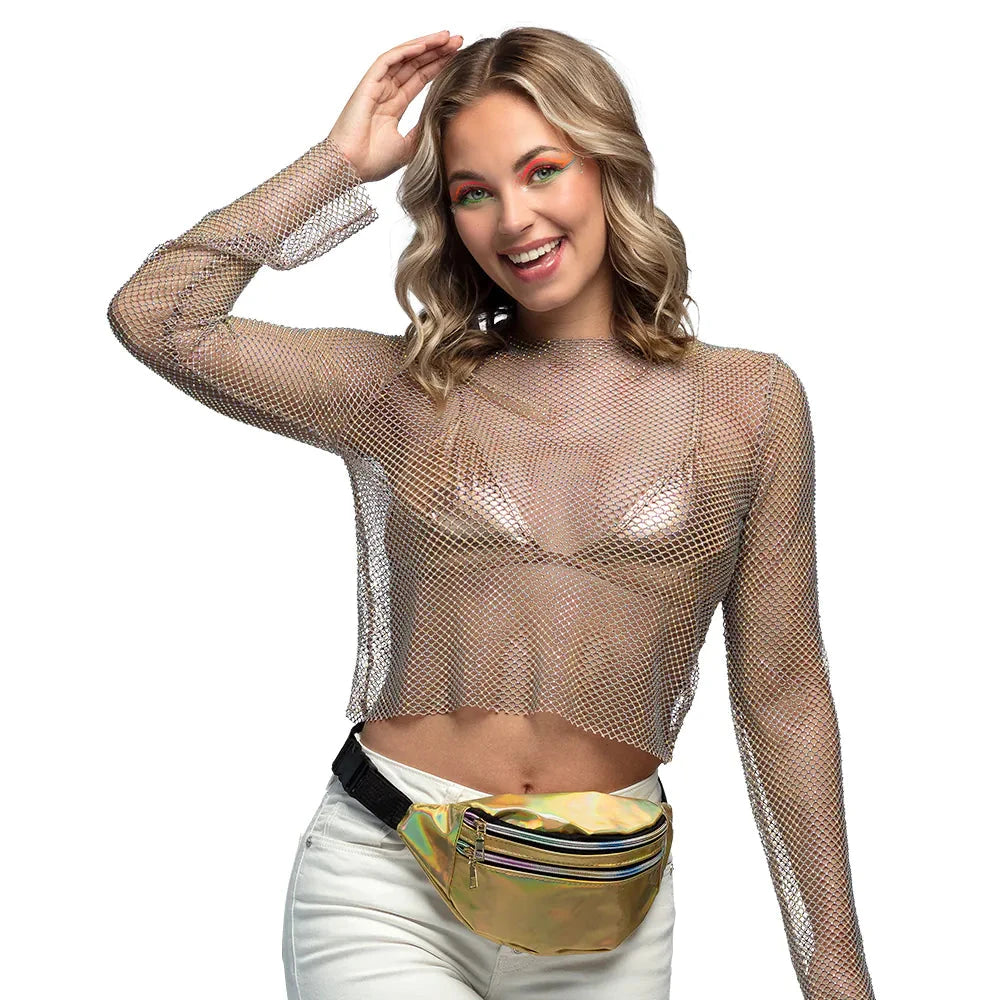 Goldene Bauchtasche aus Kunstleder mit verstellbarem Taillengurt und robustem Reißverschluss.