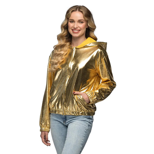 Goldene 80er Metallic Rave Jacke für Männer mit scharfer Silhouette und glänzendem Finish.