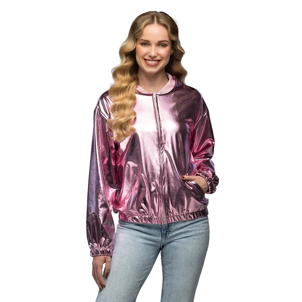 Rosa, metallische 80er-Jahre Rave-Jacke für Damen im cropped Stil mit tiefen Seitentaschen.