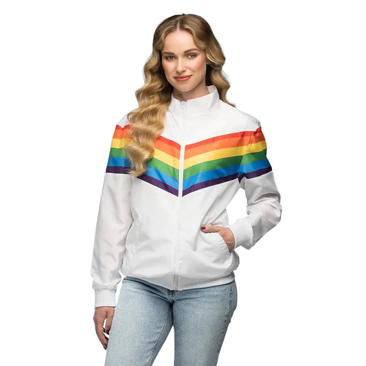 Schwarze Retro Trainingsjacke mit bunten Regenbogenstreifen und Reißverschluss, unisex Design.