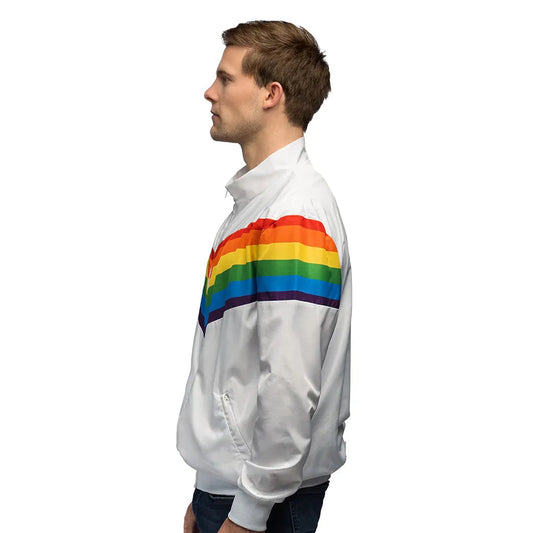 Unisex Neon-Trainingsjacke mit bunten Regenbogenstreifen und 80er-Jahre Vintage-Stil