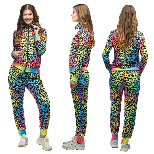 Neonfarbener Leopard-Jogginganzug für Frauen mit UV-Reaktivität und zwei Reißverschlusstaschen.