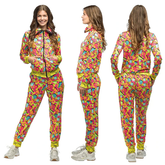 Zwei-teiliges Trainingsanzug für Frauen in Neonfarben mit Pop-Art-Muster und Reißverschlusstaschen.
