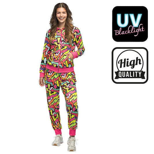 Neonfarbener 80er Street Art Trainingsanzug für Frauen mit UV-reaktivem Design und Reißverschlusstaschen