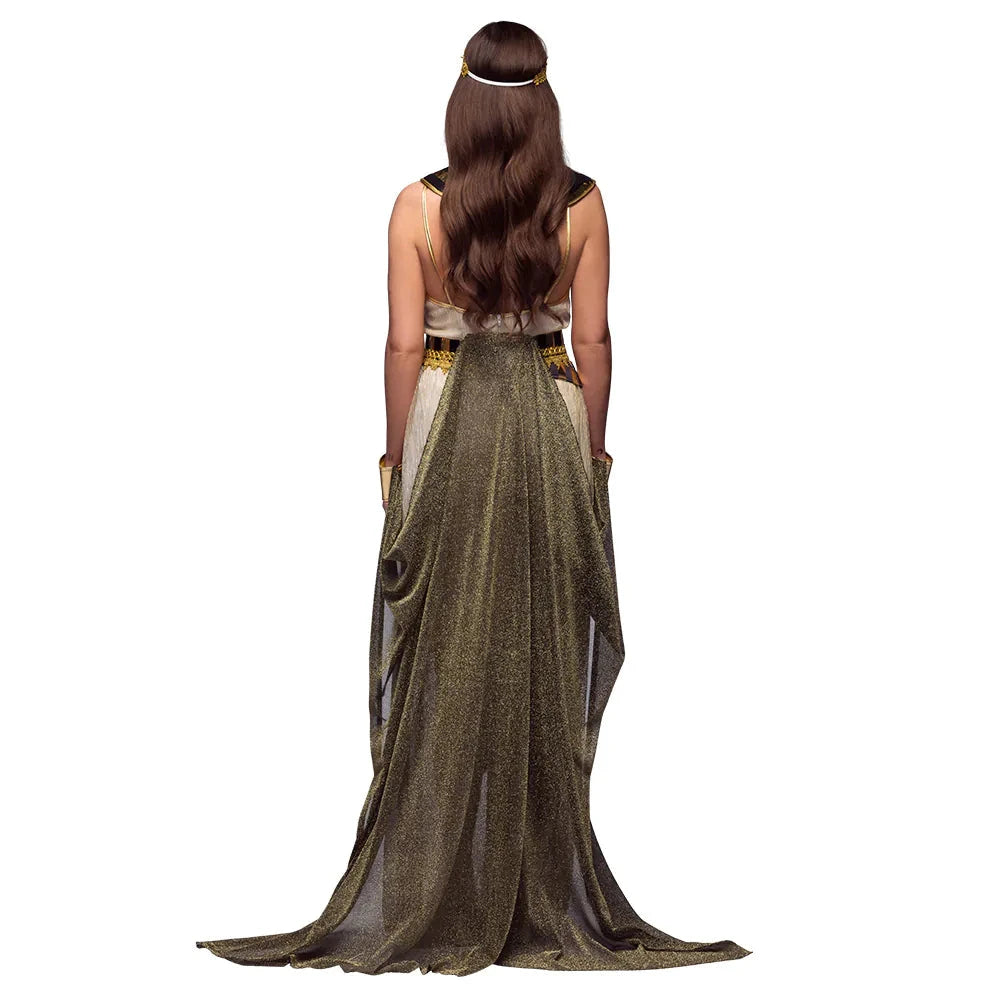 Ägyptisches Damenkostüm Dalilah in Gold mit fließendem Stoff und fünf Teilen für Karneval.