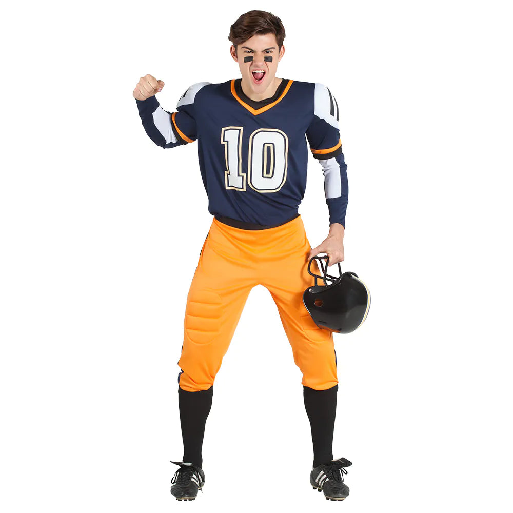 Männerkostüm American Football Spieler mit Jersey, Hose, Armschonern und Kniestrümpfen in Schwarz und Weiß.