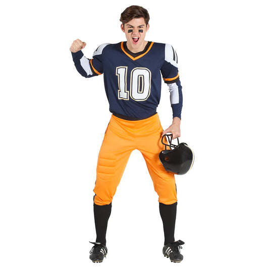 Männerkostüm American Football Spieler mit Jersey, Hose, Armschonern und Kniestrümpfen in Schwarz und Weiß.